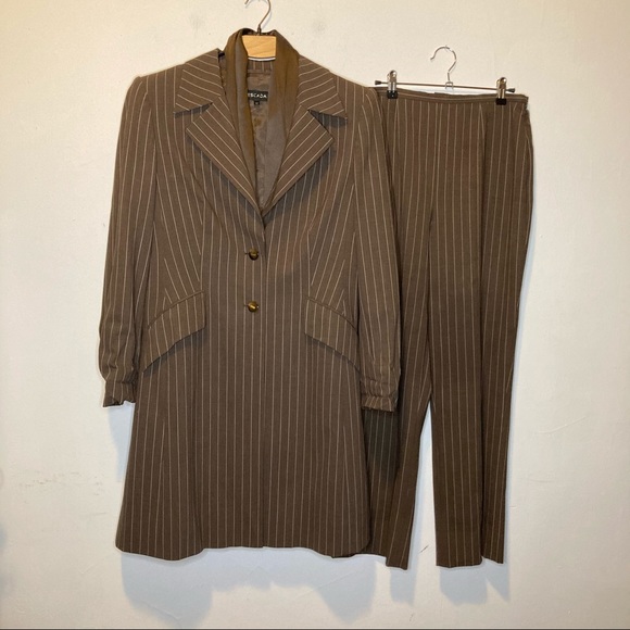Escada Brown Pinstripe Long Jacket 3 Piece Suit - Picture 1 of 8